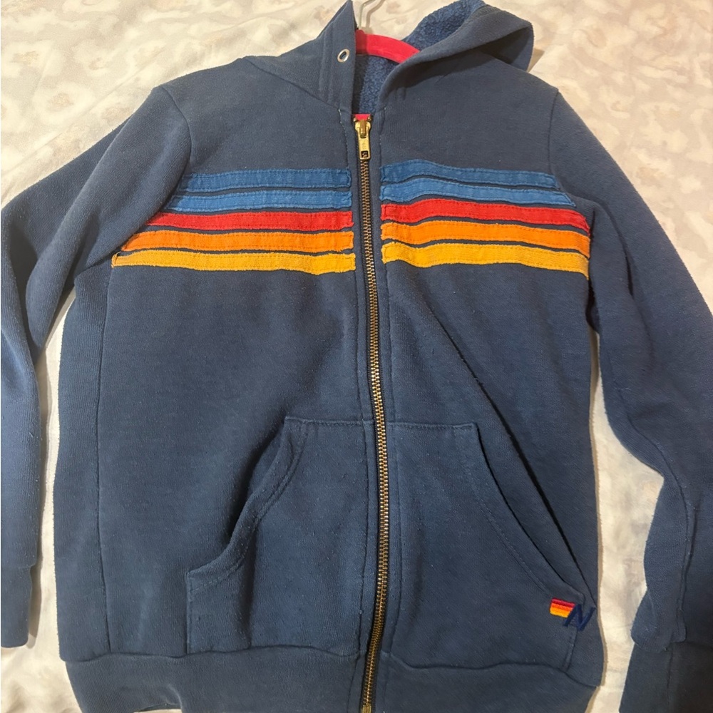 Aviator Nation Blue Hoodie with Multicolor Stripes